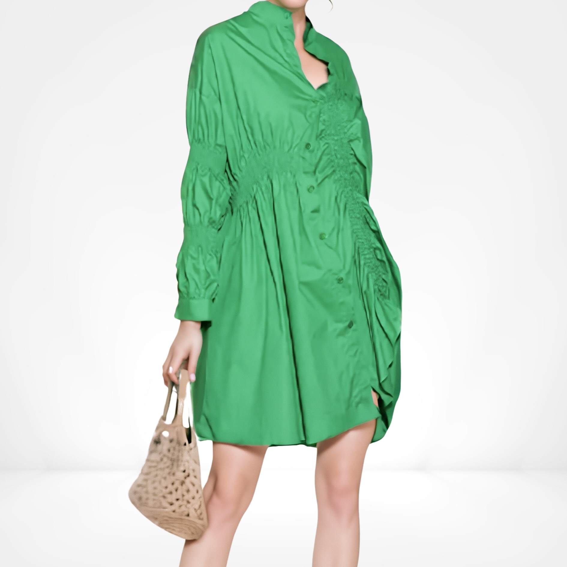 Emerald Shirred Detail Mini Dress - Image 3