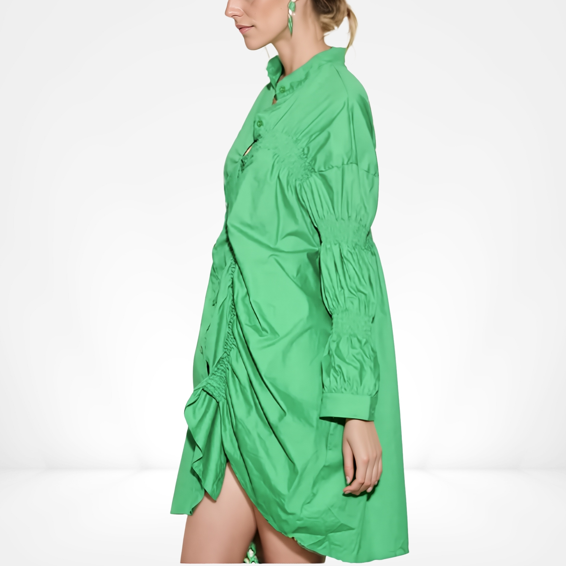 Emerald Shirred Detail Mini Dress - Image 2
